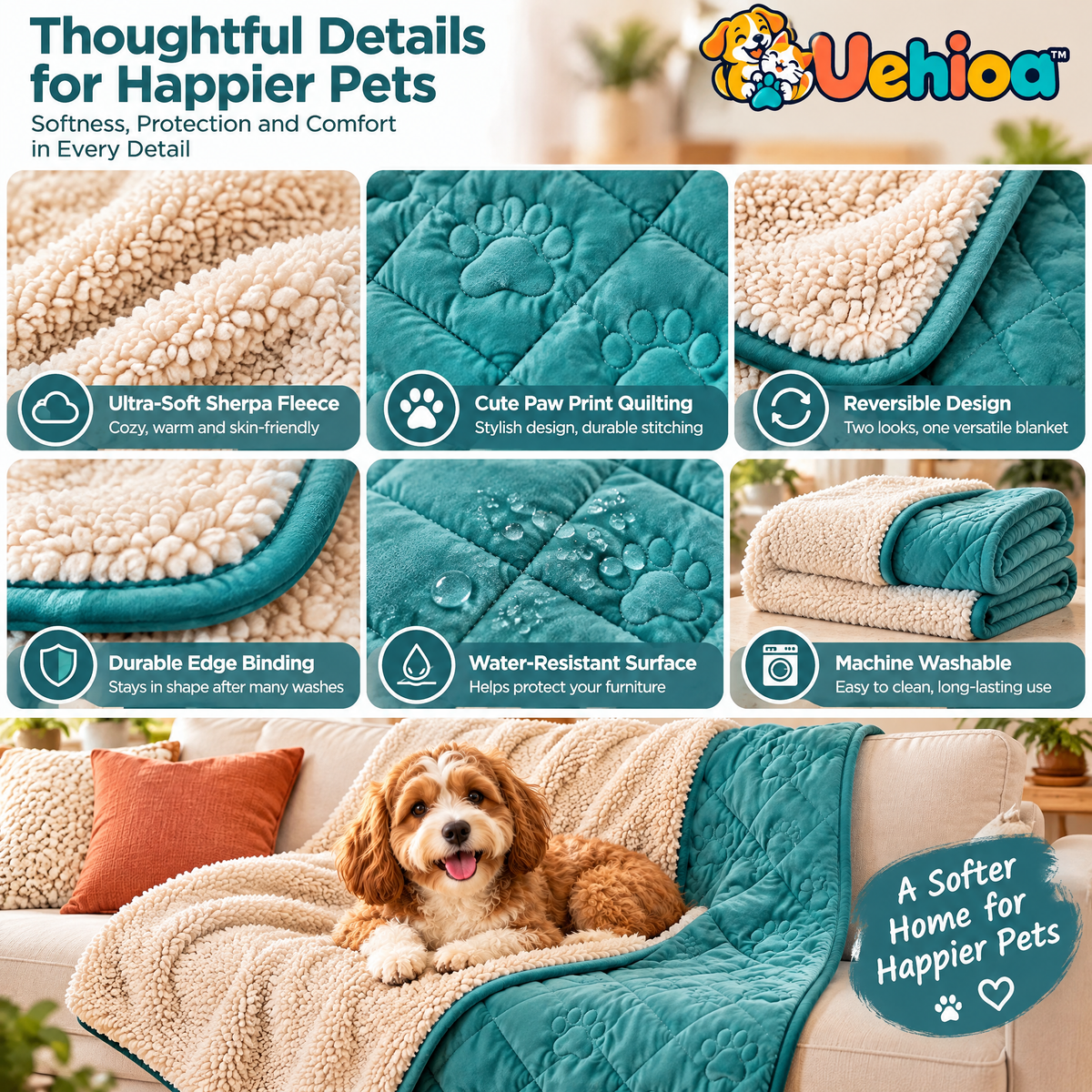 Uehioa™ Reversible Sherpa Pet Blanket product details