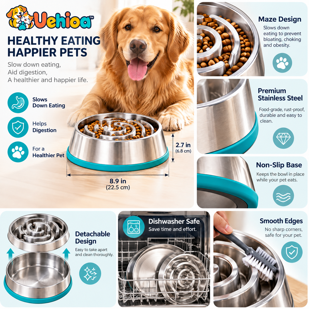 Uehioa™ Stainless Steel Slow Feeder Dog Bowl product details