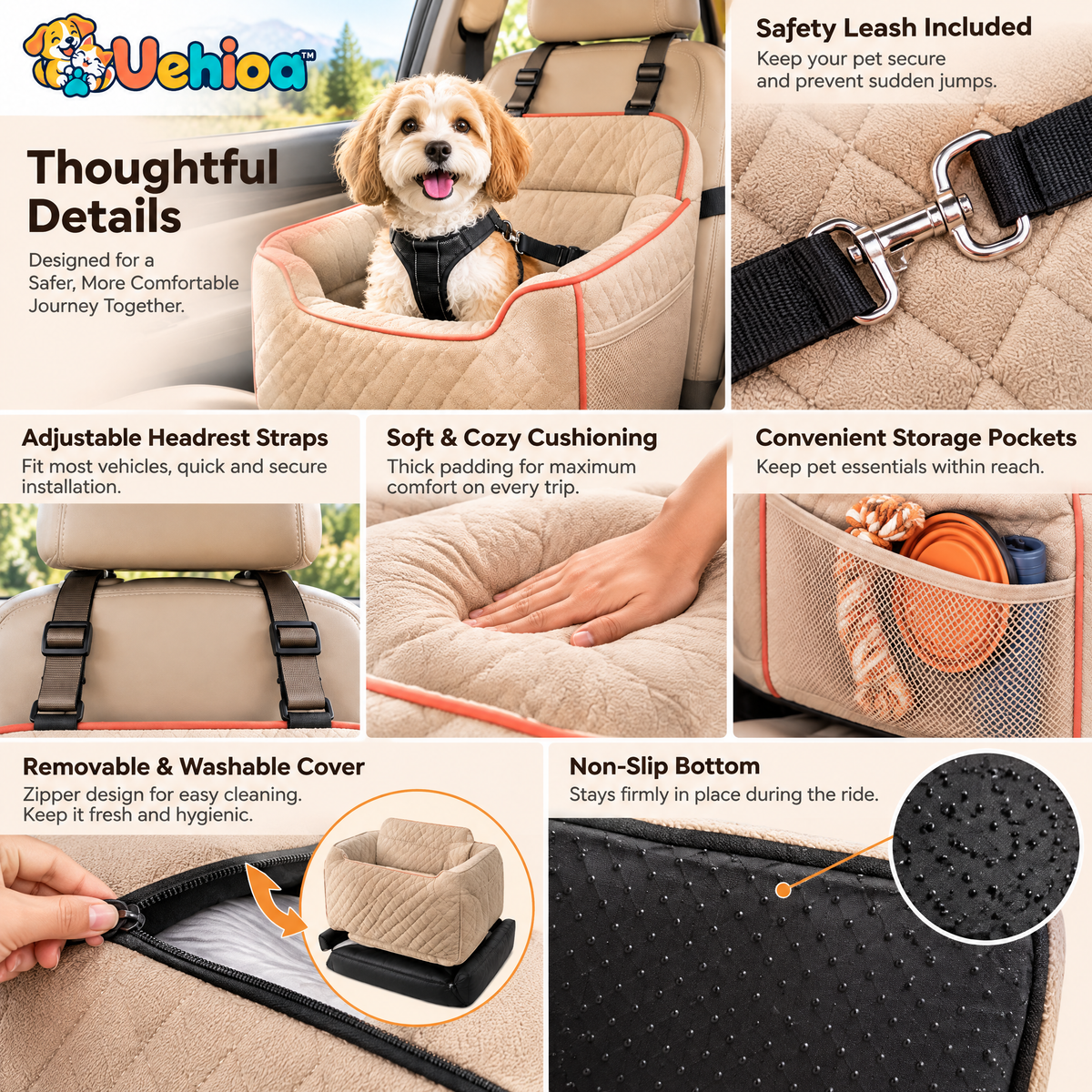Uehioa™ Quilted Dog Car Booster Seat product details