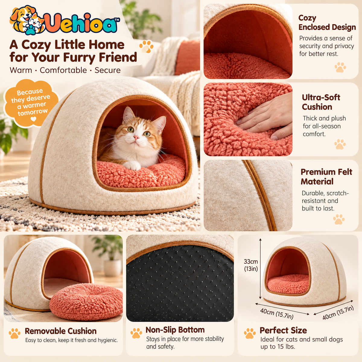 Uehioa™ Cozy Felt Cat Cave Bed product details